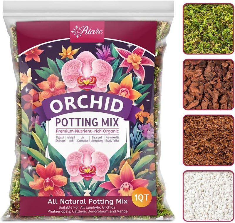Riare 1QT Orchid Potting Mix for Repotting- Orchid Repotting Kit Include Moss, Pine Bark, Perlite, Coco Peat- Premium Orchid Soil Medium for Indoor Potted Plants Root Ventilation & Expanding - Image 1